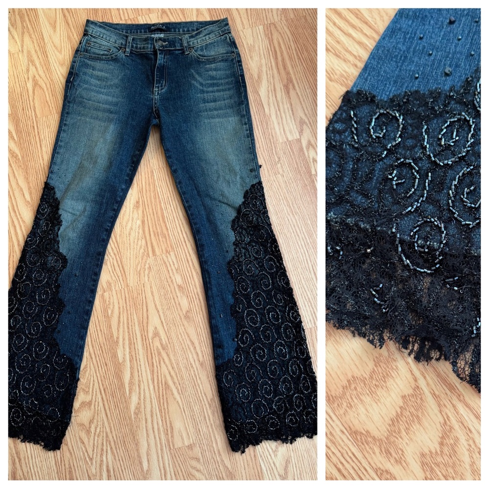 Allen B. By Allen Schwartz Blue Jeans with Black Lace and Rhinestones Y2K